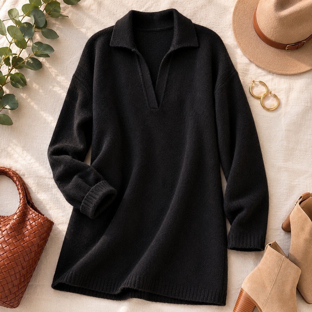 Abercrombie & Fitch Sweater Dress Womens XL Black Wool Polo Collar Mini Cozy